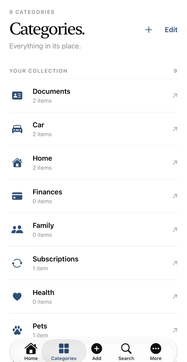 Life Admin categories for documents, car, home, finances and family.