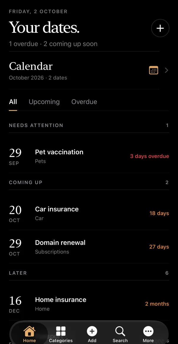The Life Admin home screen in dark appearance.